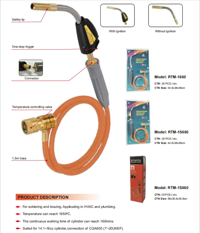 HVAC factory price RTM-027 Quick Self- Lighting Type Welding Copper Pipe Hand Torch Welding Torch for Propane or Mapp