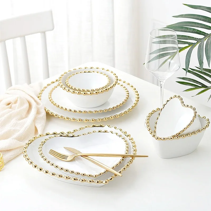 Fruit Bowl Tableware Handmade Green Colorful Ceramic Bowl with Gold Heart Shaped White DinnerWare Ceramic Sets