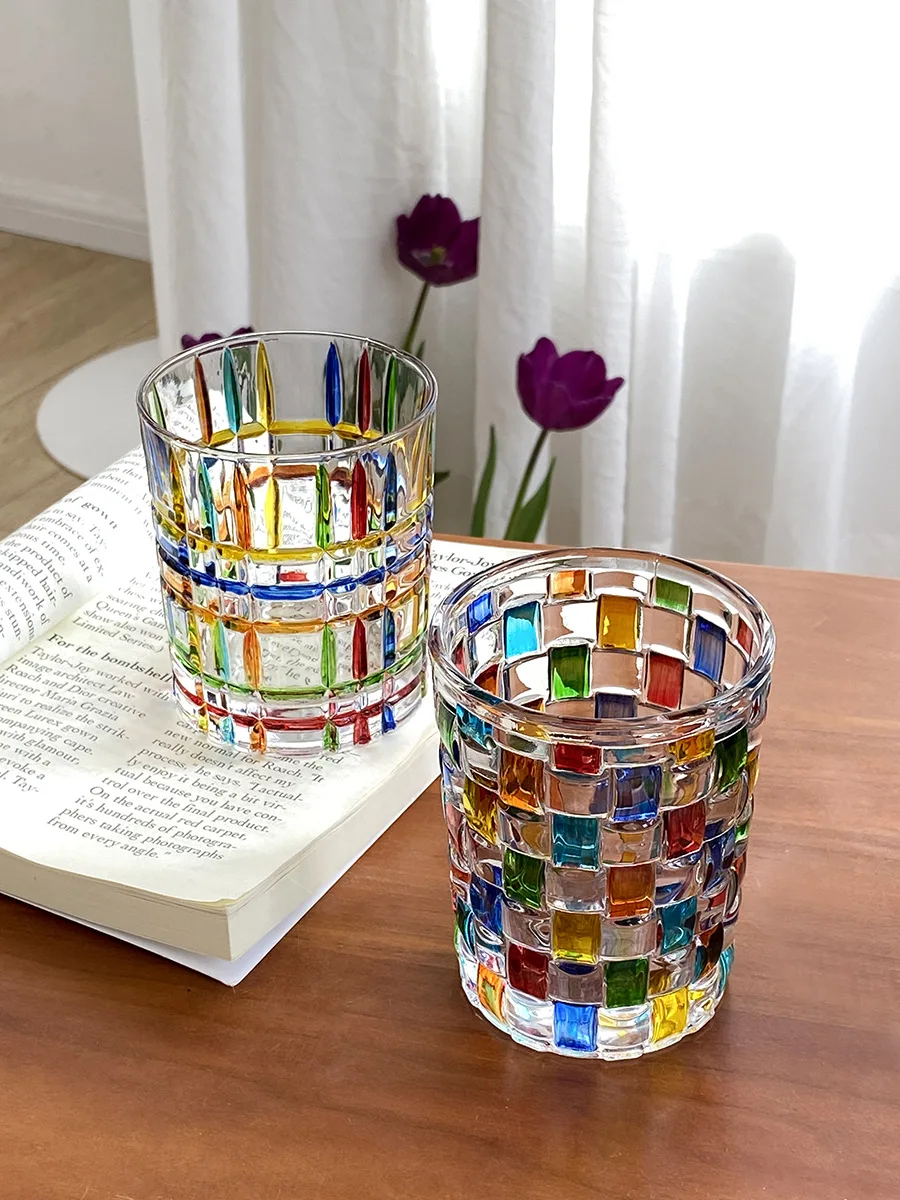 ZC Murano Italy hand painted crystal bottles colorful lines woven glacier  whiskey glass