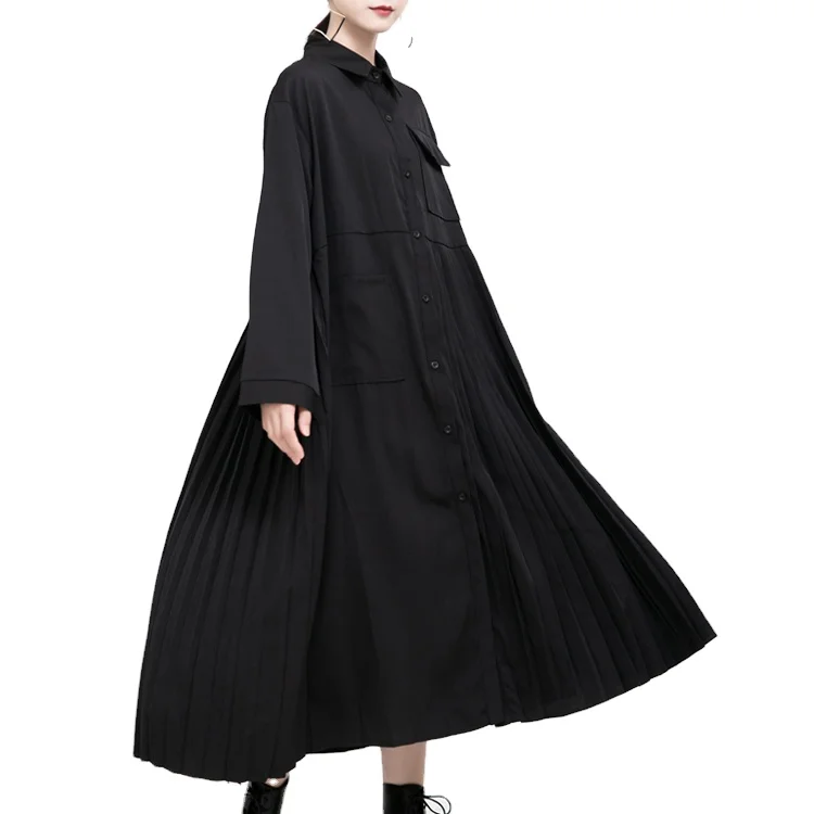 2021 new loose slim dress long sleeve stitching shirt collar pleated skirt female autumn and winter dress