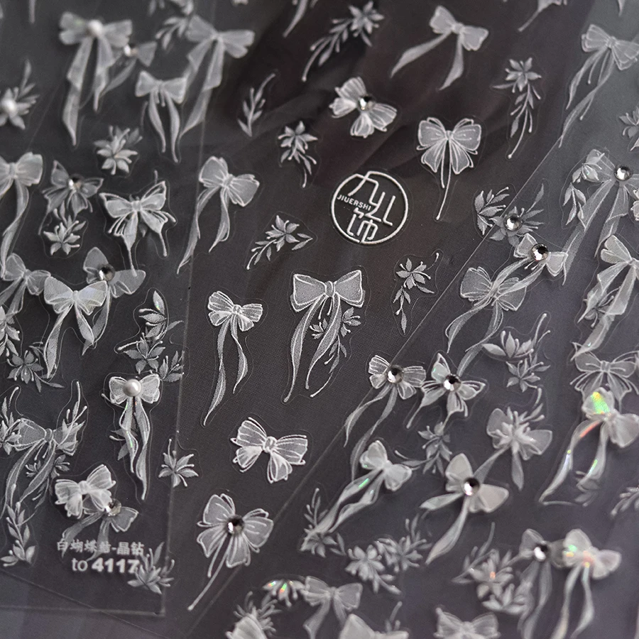 New arrival nail sticker adhesive 5d emboss crystal diamond pearl white ribbon nail decals