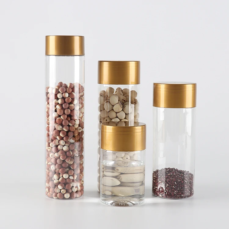 250ml 500ml 1000ml Plastic Tall Clear Candy Jars with Gold Screw Lids PET Storage Round Container for Food Package