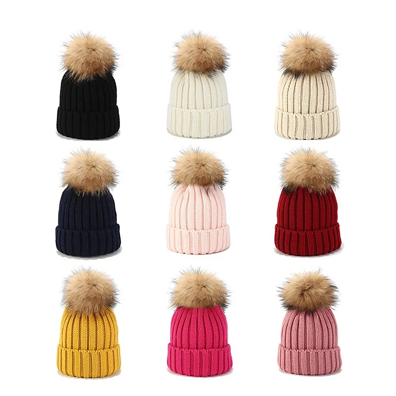 Thick Warm Adult Natural Raccoon Fur Ball Winter solid color Hat Women Knitted Pom Pom wool Beanies