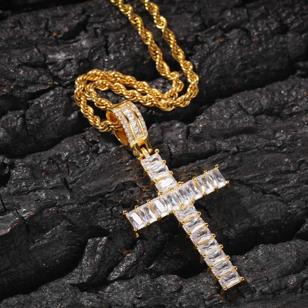 UWIN Hip Hop Gold Plated 5mm Baguette CZ Cross Charm Pendant Golden Bling Rapper Cross Pendants Necklace