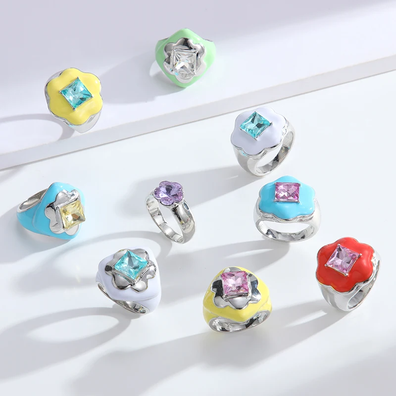 Exaggerated Chunky Silver Fine Jewelry Enamel Rings Geometric Gemstone Rhinestone Flower Rings for Women