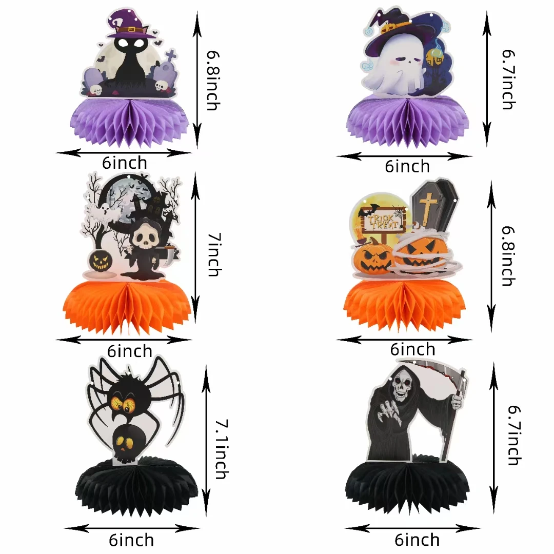 Halloween Honeycomb Table Centerpieces Paper Fans Pumpkin Skull Ghost Cat Tombstone Elements Table Centerpiece for Birthday