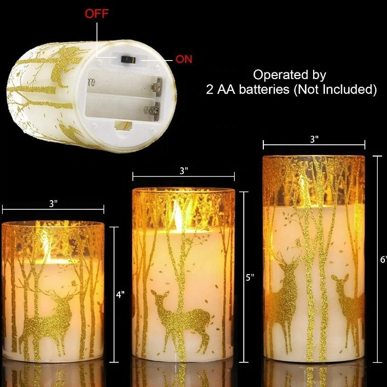 Battery Operated Fashionable Deer Sticker Plastic Cup Cylindrical Flameless LED Electronic Flashing Paraffin Wax Candle