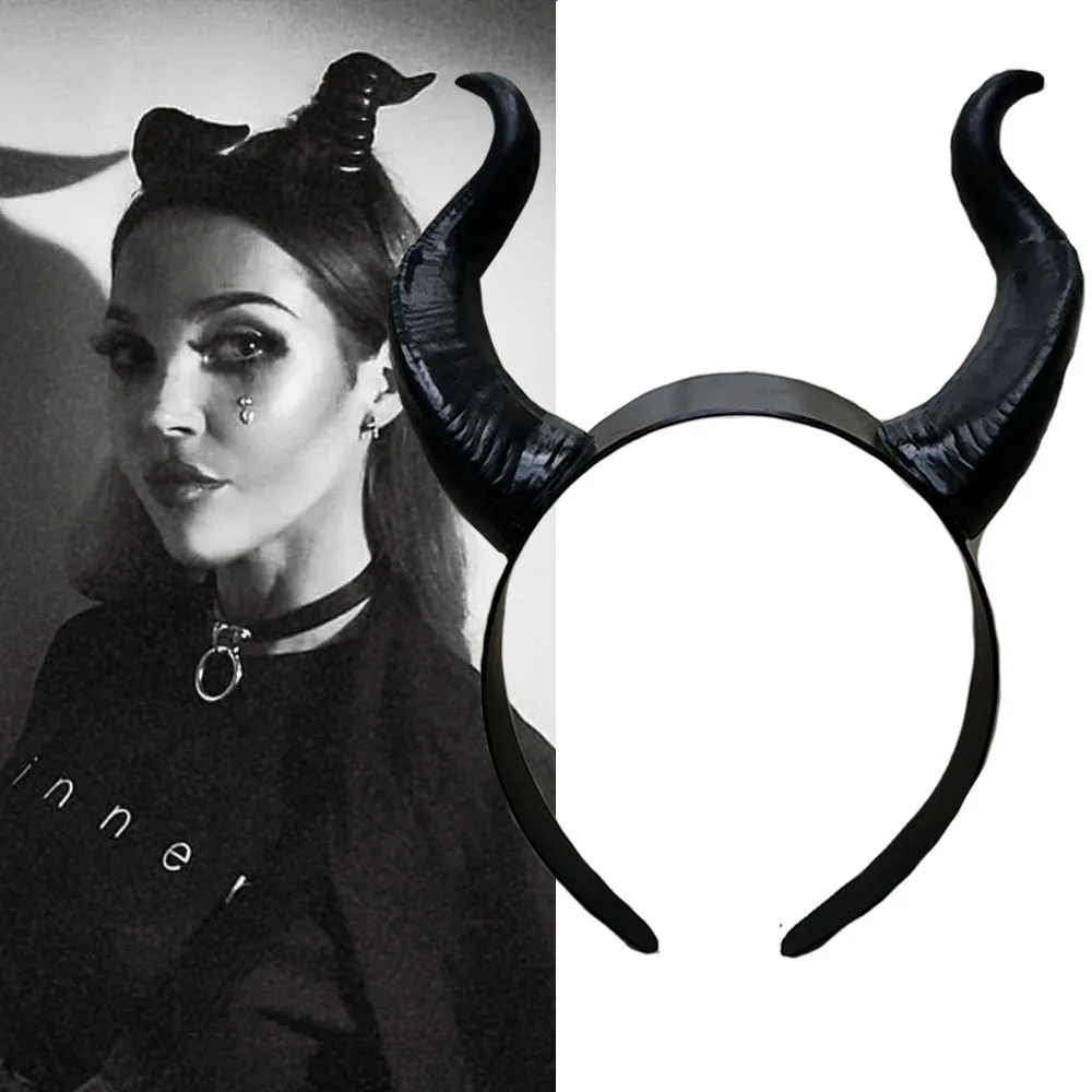 Girls Black Queen Horns Hat Cosplay Headpiece Halloween Christmas Easter Diwali Parties Women Anime Witch Headdress Party Props