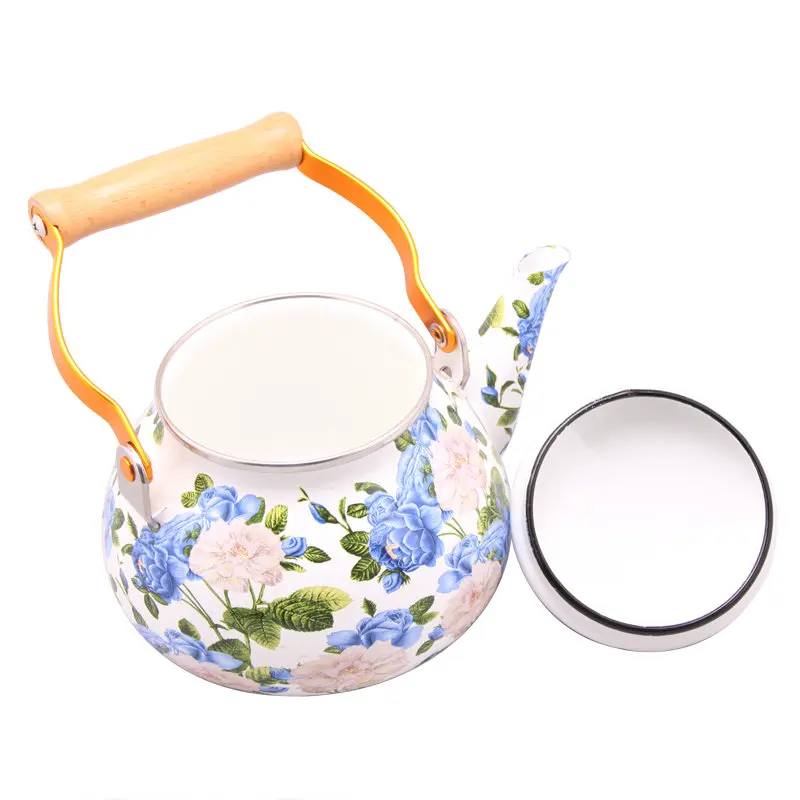 Chinese 1.5L/2L/2.5L Enamel Metal Tea Pot with Luxury Modern Design Wooden Handle Home Camping Use Iron Tea Kettle