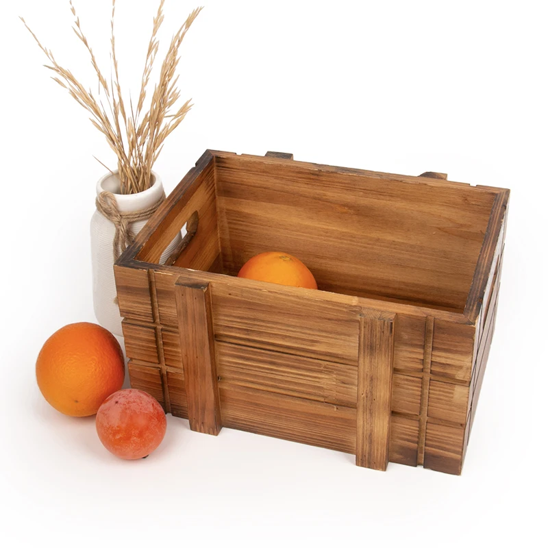 factory vintage Country Rustic Burnt pine Wood Crates with handle for Vegetable Fruit Storage wood crates for display Decorative