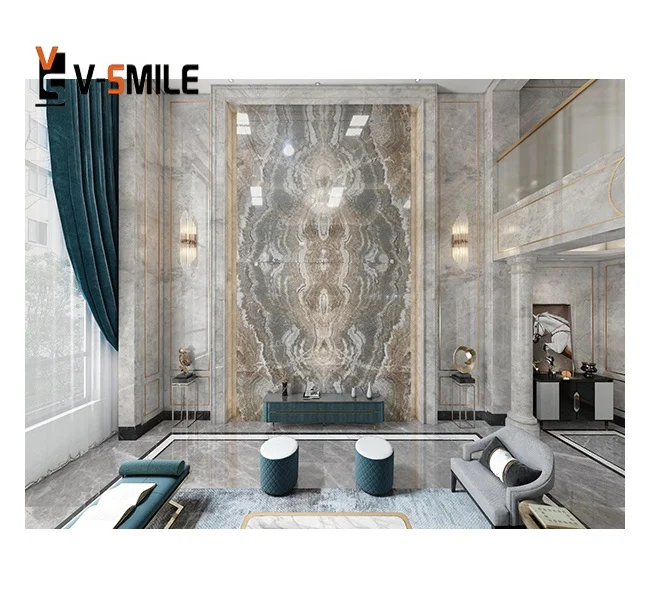 Translucent Book matched yellow onyx with grey veins Marble Onyx Ink Jade Onyx For Wall Background