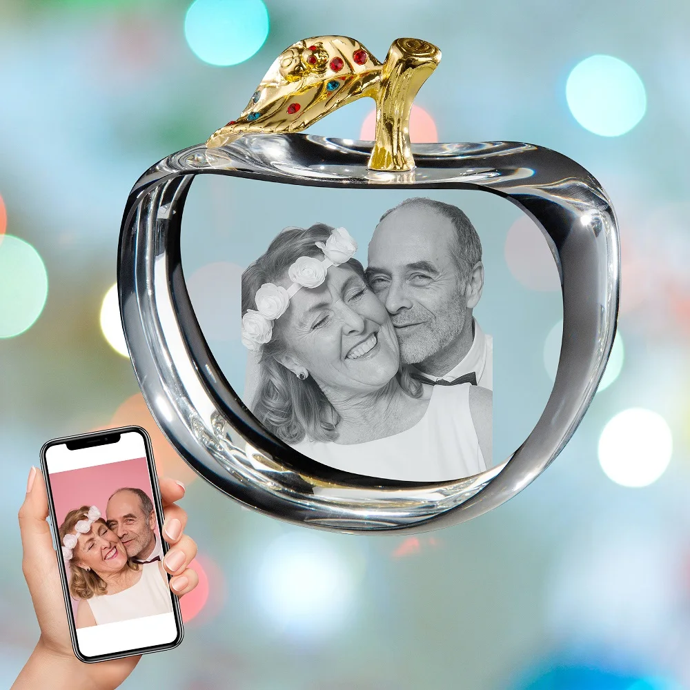 Custom Gift 3D Photo Crystal Apple-M Frame, Personalized 3D Picture in K9 Crystal with Your Own Photo and Text