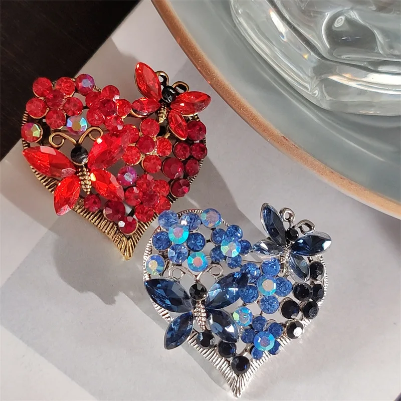 Luxury Red Rhinestone Heart Pin Brooch Garment Accessories Trendy Blue Diamond Love Heart Scarf Pins Crystal Butterfly Brooches