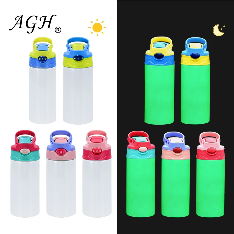 USA Warehouse 12 Oz Sublimation Kid Water Bottle Glow in Dark to Green Kids Flip Top Tumbler Straight Blank