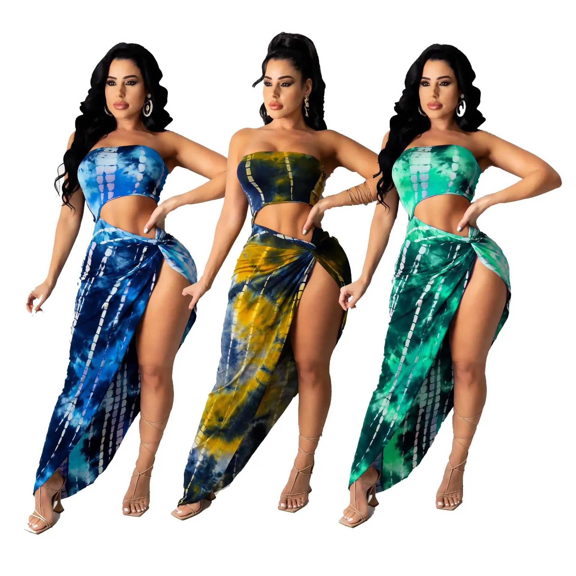 Factory Outlet Sexy Tops Matching High Waist Slit Dress 2 Piece skirt Set Summer Women Clothing Two Piece Skirt Set new fashion