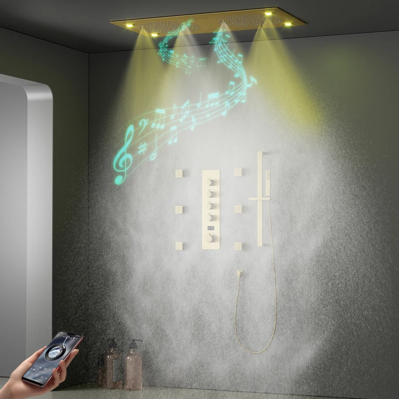 Ceiling Embedded 24.5x12.5Inch LED Rain&Mist Shower Head with Music Speaker Cold and Hot Digital Display Shower Faucet Set