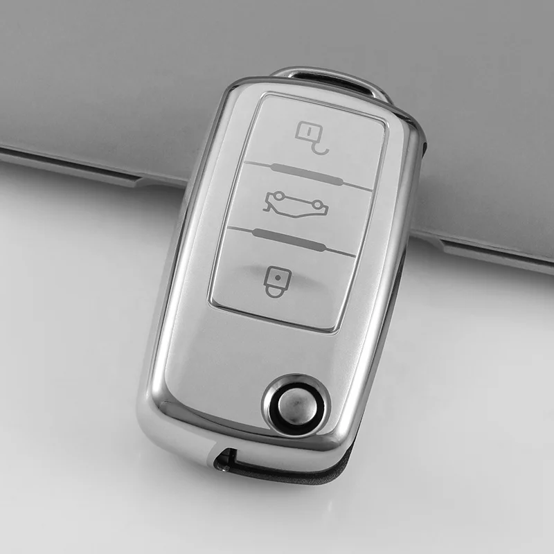 Silver Quicksand TPU Custom Car Key Cover fit for VW Golf PoloTiguan Passat Caddy Auto Folding Key Case Fob Remote bag