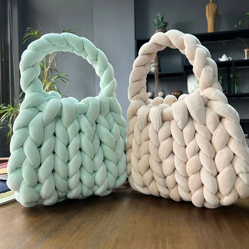 hot sale women crochet woven velvet clutch handbag tote bag with single handle