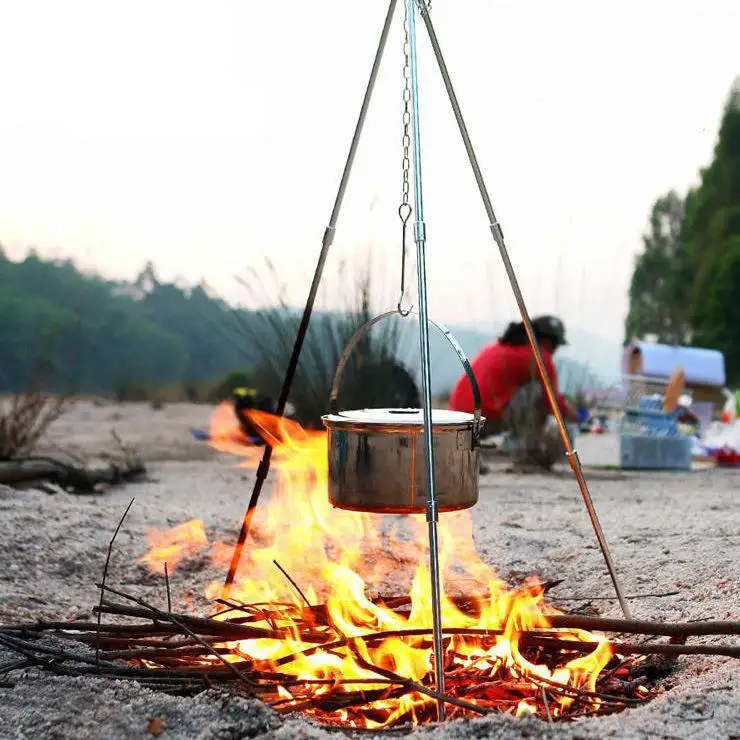 Outdoor Camping Portable Powder Coated Iron Campfire Bbq Fire Tripod Stand Pot Holder Foldable Tripod Bbq Grill Tool Set