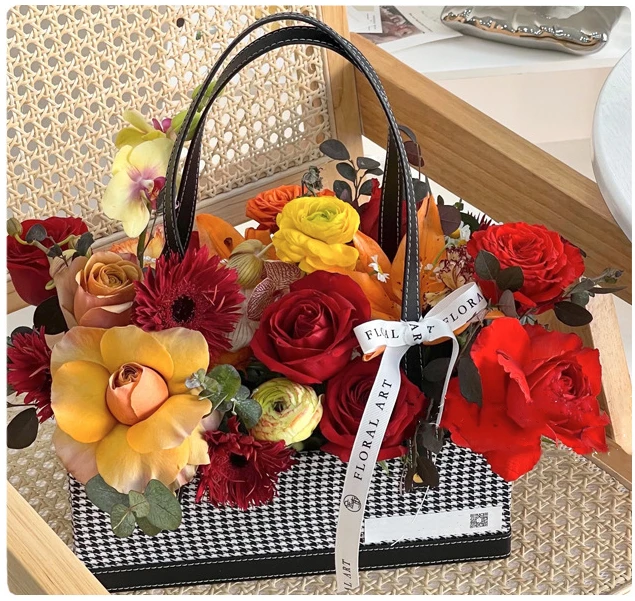 Black swallow grid gift packaging box round square shape cylinder for preserved rose flower bouquet gift packaging with handle