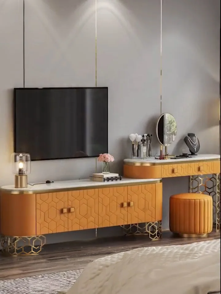 Luxury Modern Furniture Bedroom Set Dresser Golden Steel Base Makeup Vanity Dressing Table