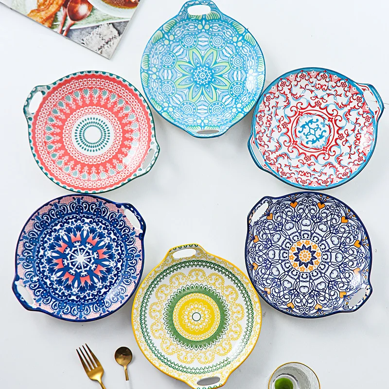 Dropshipping Bohemian Moroccan Style Hand-painted underglaze tableware Ceramic Oval Bakeware Microwave Baking Tray Ceramic Plate