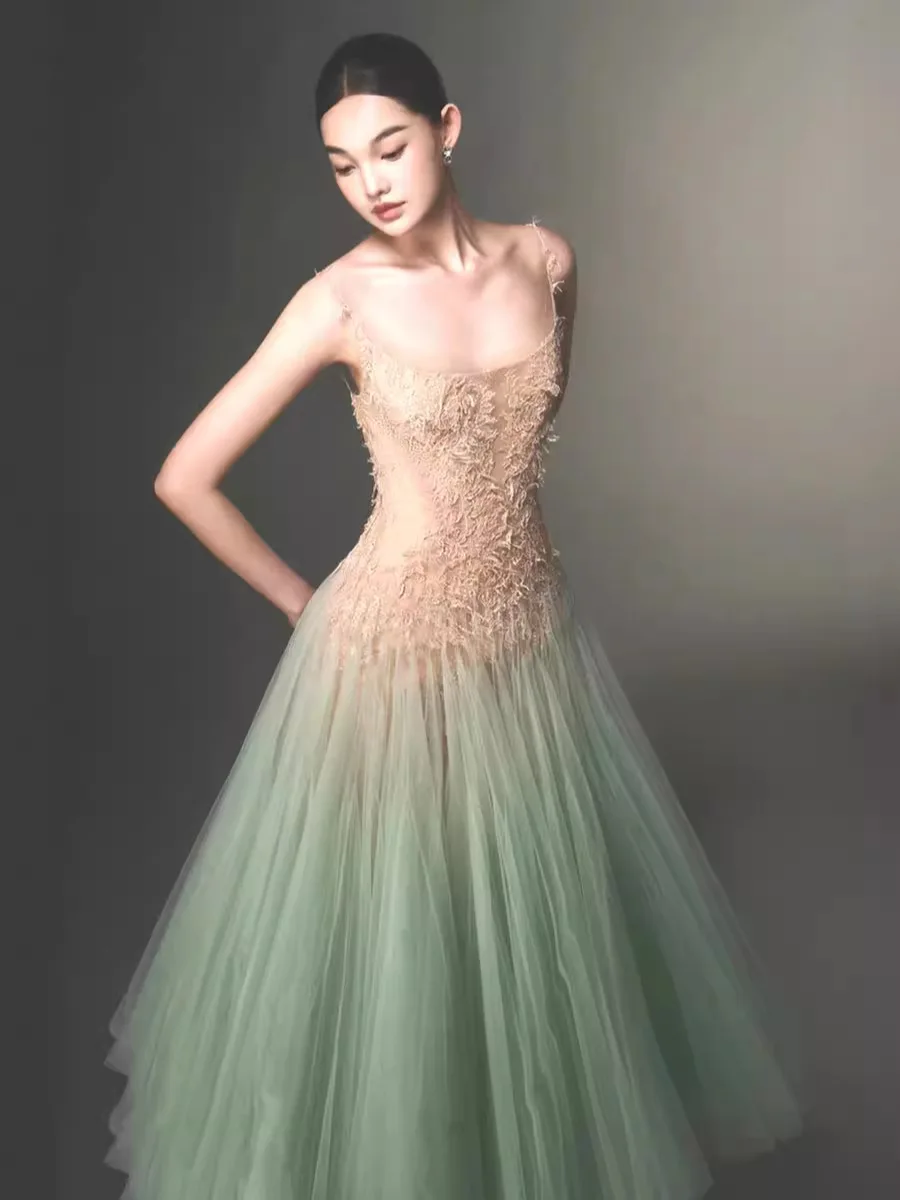 New arrivals dropshipping luxury lace patchwork mint green gauze fairy dress women