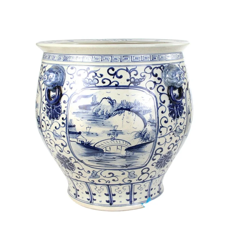 RZFH12 Blue and white hand paint country bridge pattern ceramic fish pond