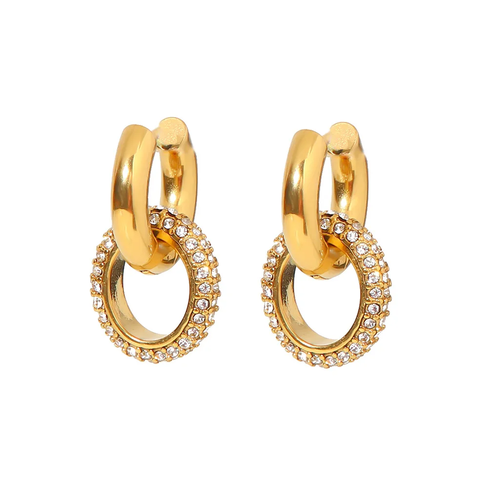 Waterproof Hoop Drop Geometric 18K Gold Plated Stainless Steel Full Zircon Hoop Earrings For Women