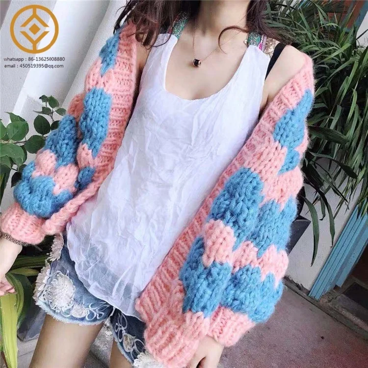 Wave pattern thick stick needle pure hand woven lantern sleeve cardigan jacket for women
