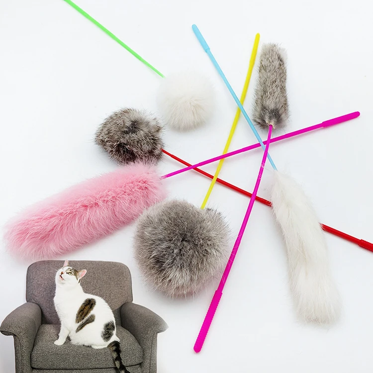Tail Teaser Wand Toy Kitten Cat Exercise Playing Accessories Interactive Pet Supplies Funny Cat Plush Real Rabbit Fur Plate HY