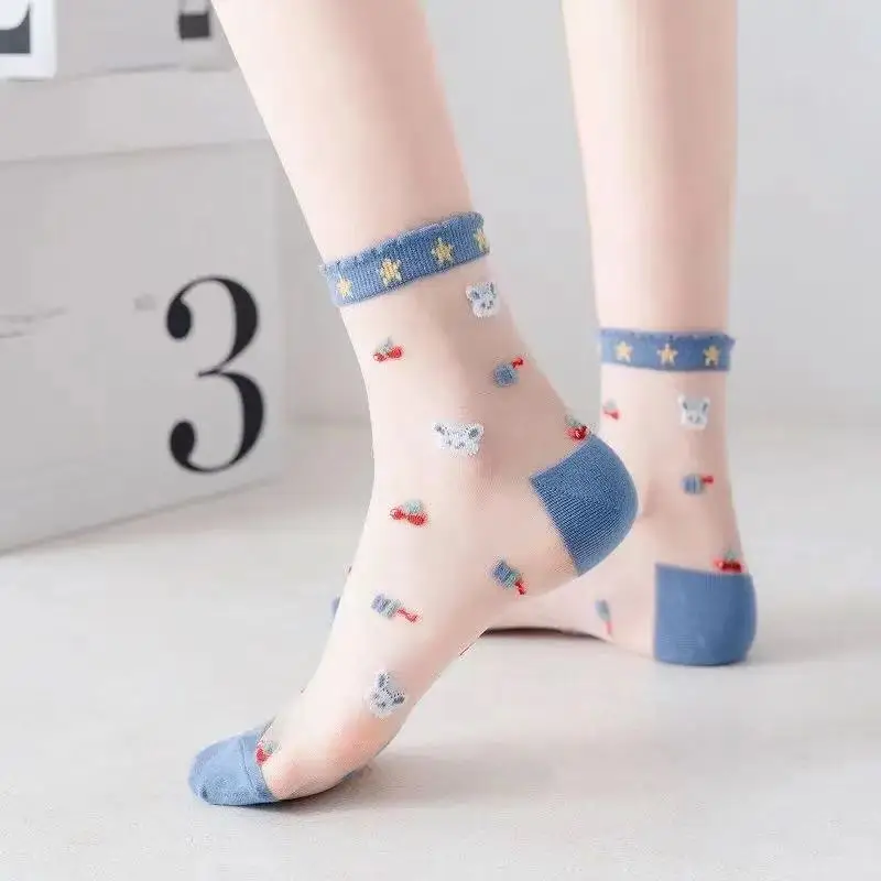 Wholesale Summer Girls Transparent Glass Fiber Thin Socks Jacquard Crystal Fiber Long Stockings for Women