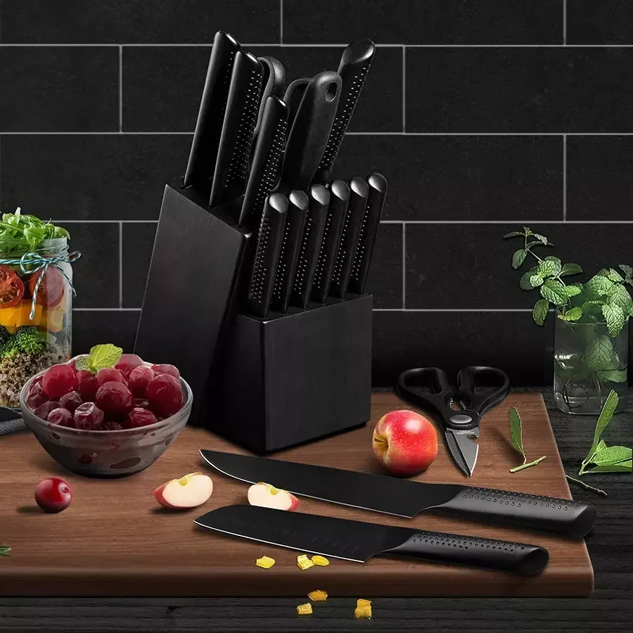 High quality stainless steel hollow handle kitchen knives chef knife set black kitchen knife set with wooden block