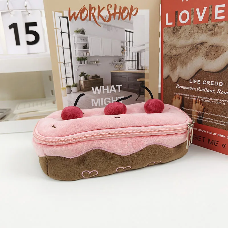 Cute plush cherry cake pen bag Student stationery bag Girl makeup bag pencil case