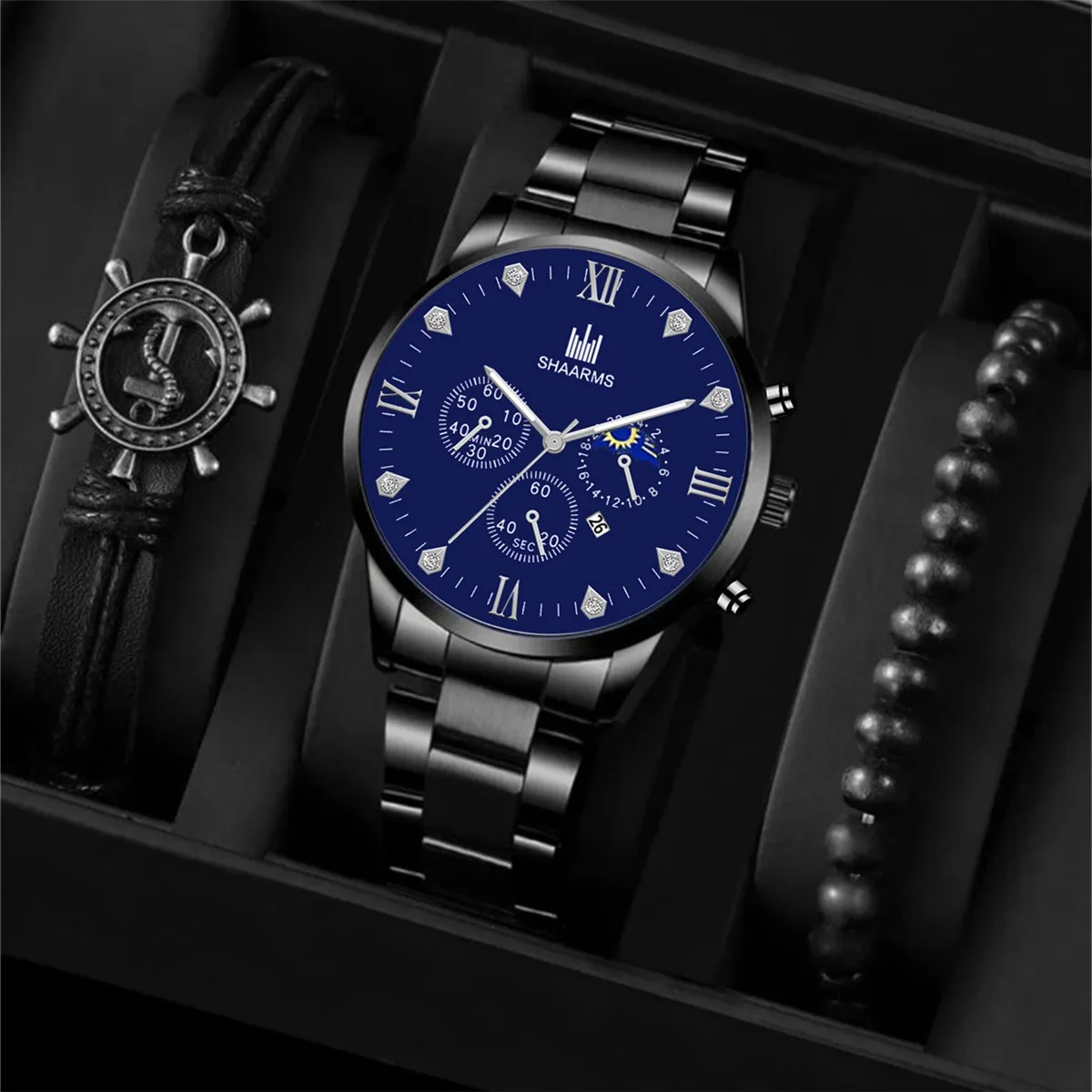 Men Jewelry Hot Selling Item Gift Set For Watch Steel Band Wristwatch Men Simple Casual Ship Rudder Bracelet+Quartz Watches