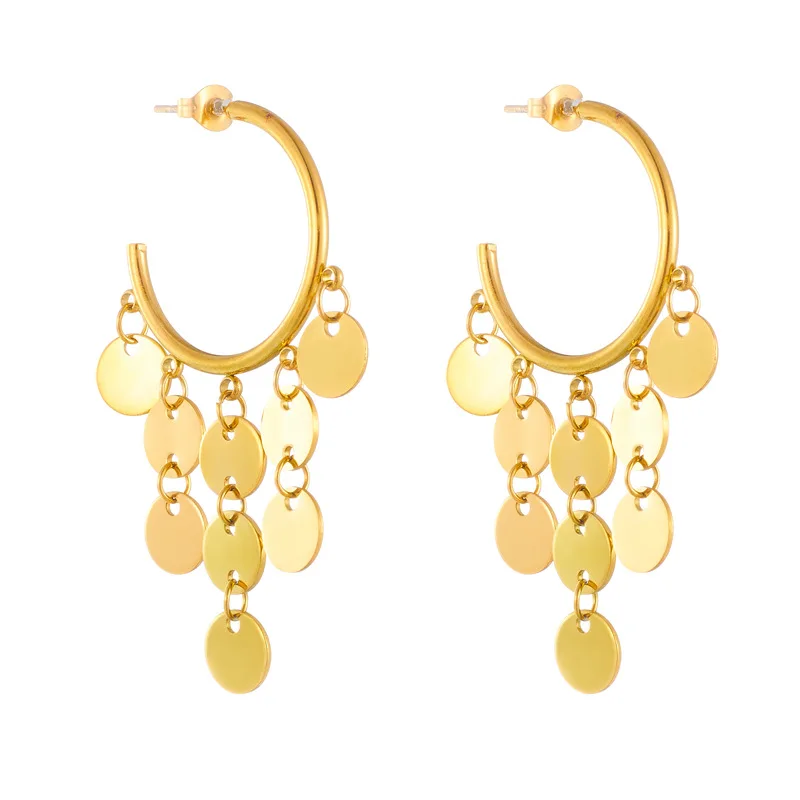 Vintage Stainless Steel 18k Gold Plated Geometric Chandelier Round Disk Tassel Dangle Earrings for Women
