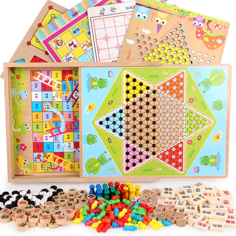 Hot Sale Classic Wooden Educational 2 in 1 Board Game Animal Flight Checkers Chess Game Board for Kids