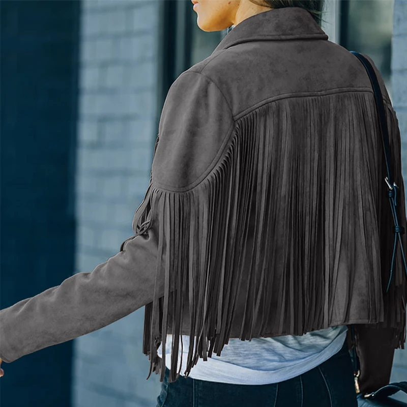 Factory Wholesale Autumn 2022 Long Sleebve Crop Fringe Faux Suede Jacket For Women