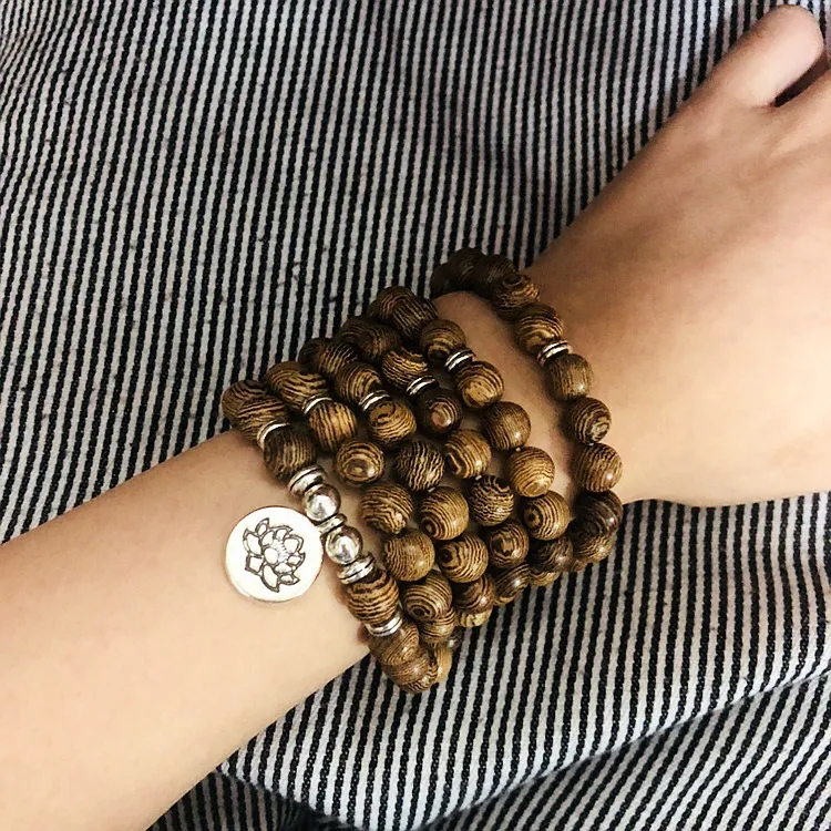  2021 Hot Sale Mult Layer 108 Wooden Beads Buddha Pendant Bracelet Elastic Yoga Energy Buddhist Lotus Charm