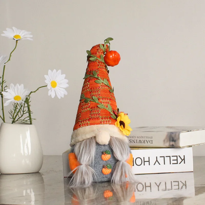 Personalized Pumpkin Sunflower Faceless Doll Dwarf Table Harvest Ornament For Home Party Window Autumn Plush Couple Decoration