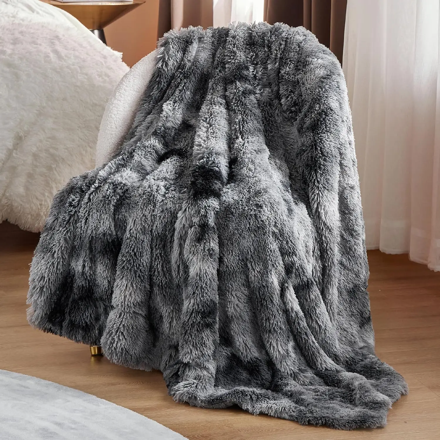 Soft Fuzzy Faux Fur Throw Blanket Grey Cozy Fluffy Plush Sherpa Fleece Blanket,