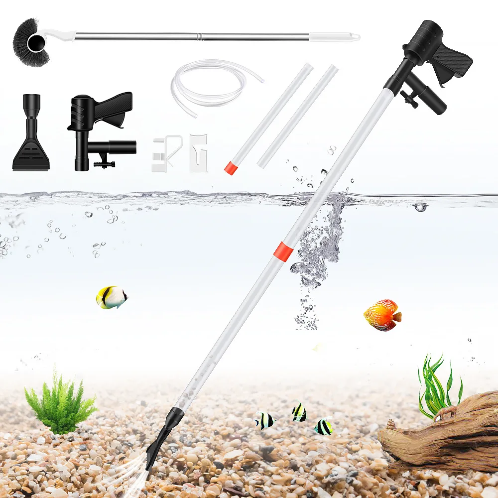 Aquarium water exchanger, sand suction device, manual water pump, dirt removal, toilet cleaner, cleaning tool, algae scraper