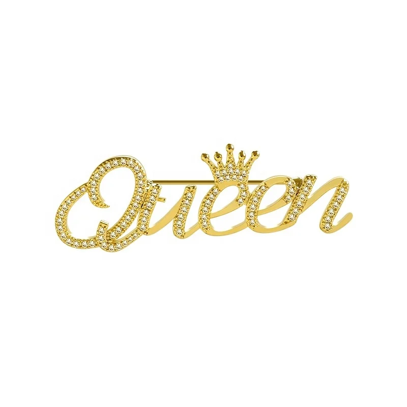 2024 Metal Queen Broches Pins Brooches Gold Sliver Name Letter Fashion Zinc Alloy Engagement Dress for Women Zircon Stone Safe Pin