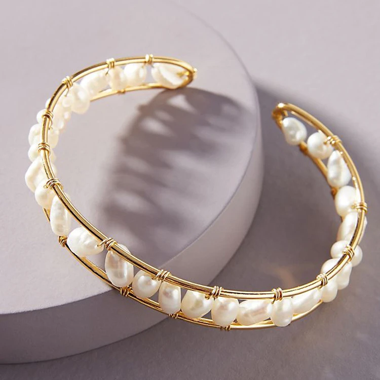 
Women Gold Plated Alloy Adjustable Open Cuff Natural Freshwater Pearl Bangle Bracelet 