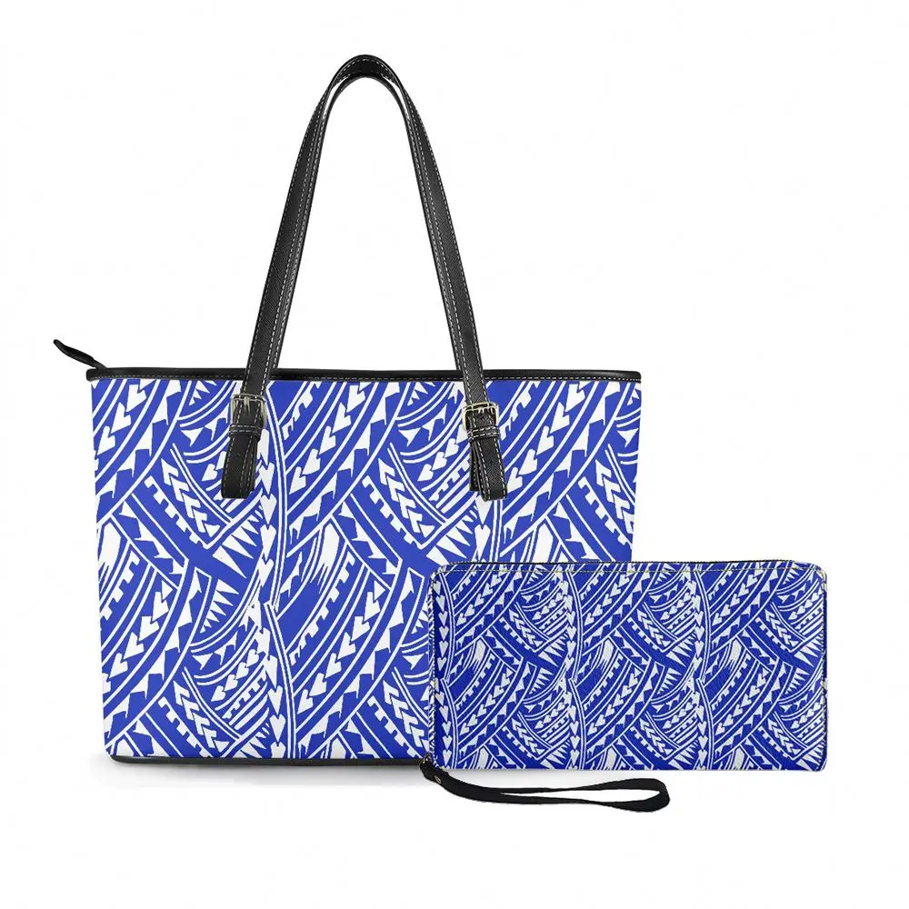 Print On Demand Polynesian Tribal Samoa Yellow Tapa Print Custom Pocketbooks Shoulder Handbags Purse and Wallet Set