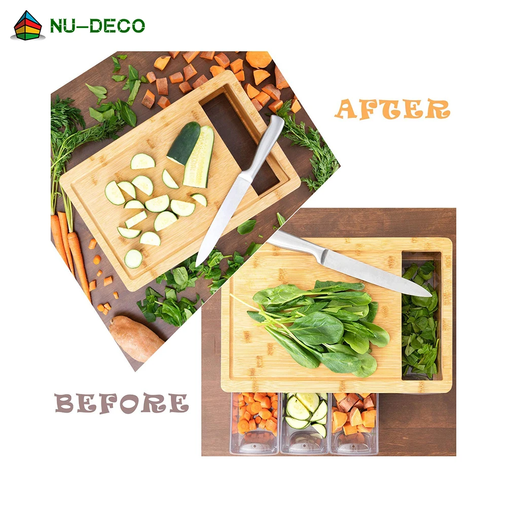 Wholesale large vegetable meat organic custom kitchen wood bamboo cutting board with tray drawer container