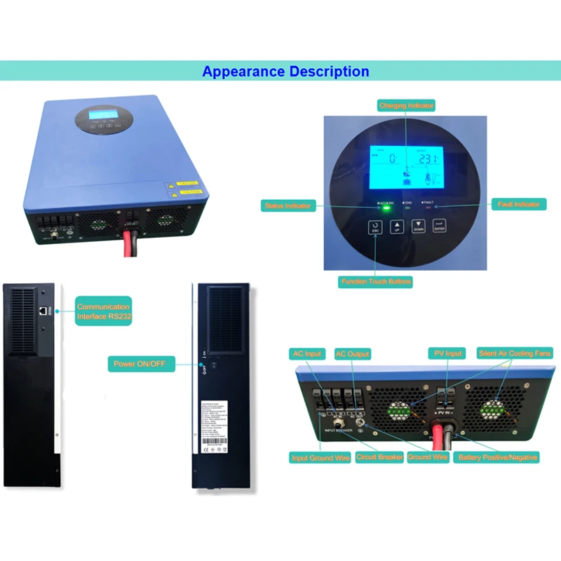 24V 48V 220V 3kw 5 kw 3500w 5500w pure sine wave high frequency electric power 5KW off grid hybrid solar inverter