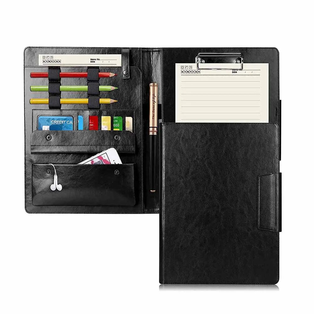 A4 leather document file folder organizer resume portfolio folder with clip & phone pocket