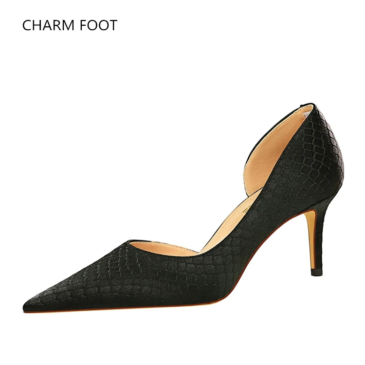 European and American Fashion Sexy Slim Heel High Heel Shallow Mouth Pointed Side Hollow Side Serpentine Silk Single Shoes