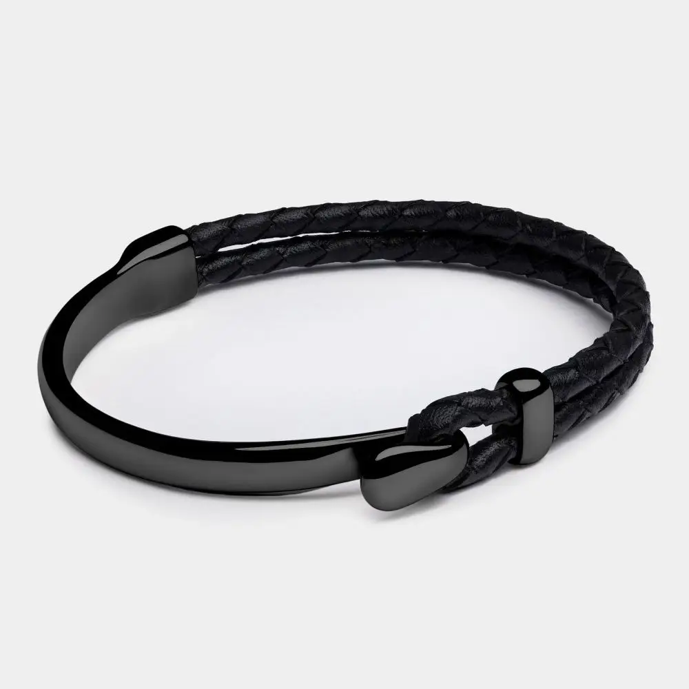 Unique Design Stainless Steel Custom Logo Black Braided Genuine Leather Bracelet for Men